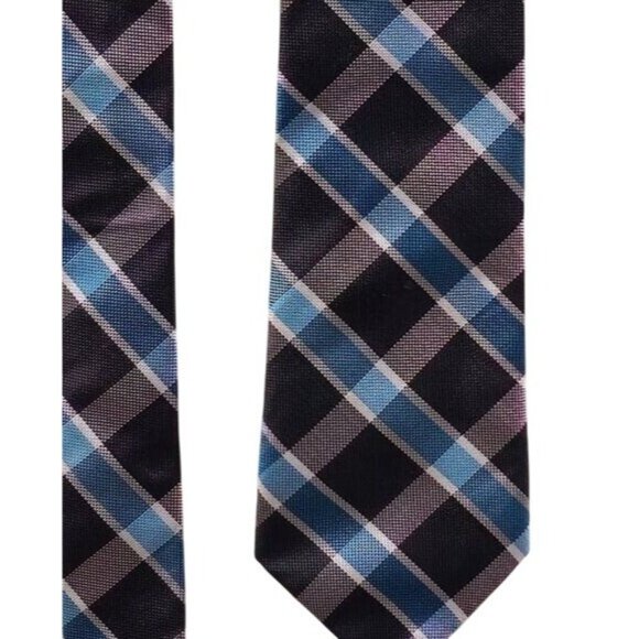 Bespoke Other - Men's Plaid Tie Blue Black Gray Diagonal Striped Skinny Neck Accessory